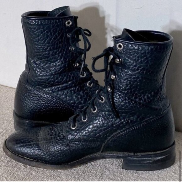 Vintage Justin Boots Black Pebbled Leather Lace Up Packer Boots 6 - Picture 8 of 13
